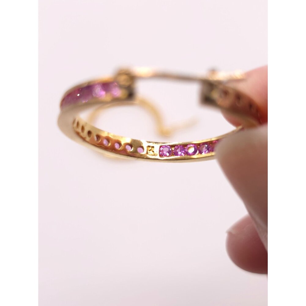 Ross-Simon Gold & Silver Pink Sapphire CZ Hoops - Picture 10 of 15